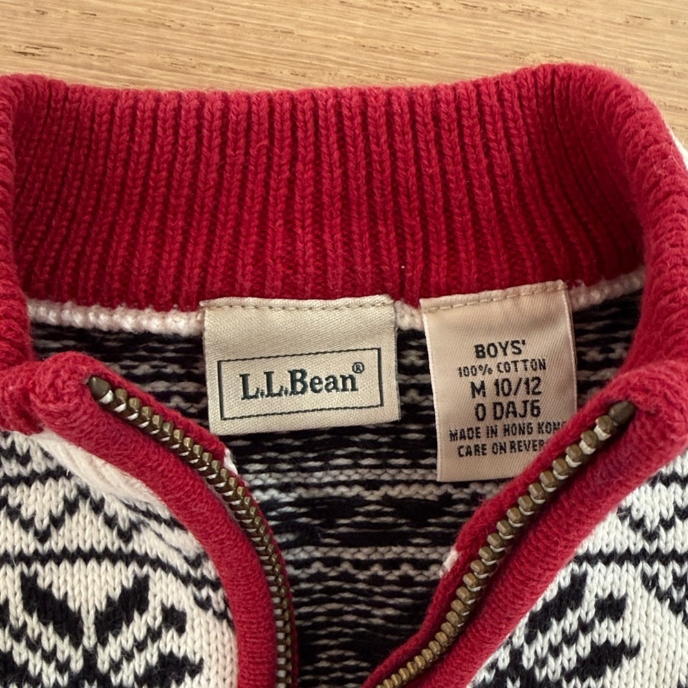L.L. Bean Boys Black and White Nordic Sweater quarter zip sz M 10/12 100% Cotton - Picture 2 of 10